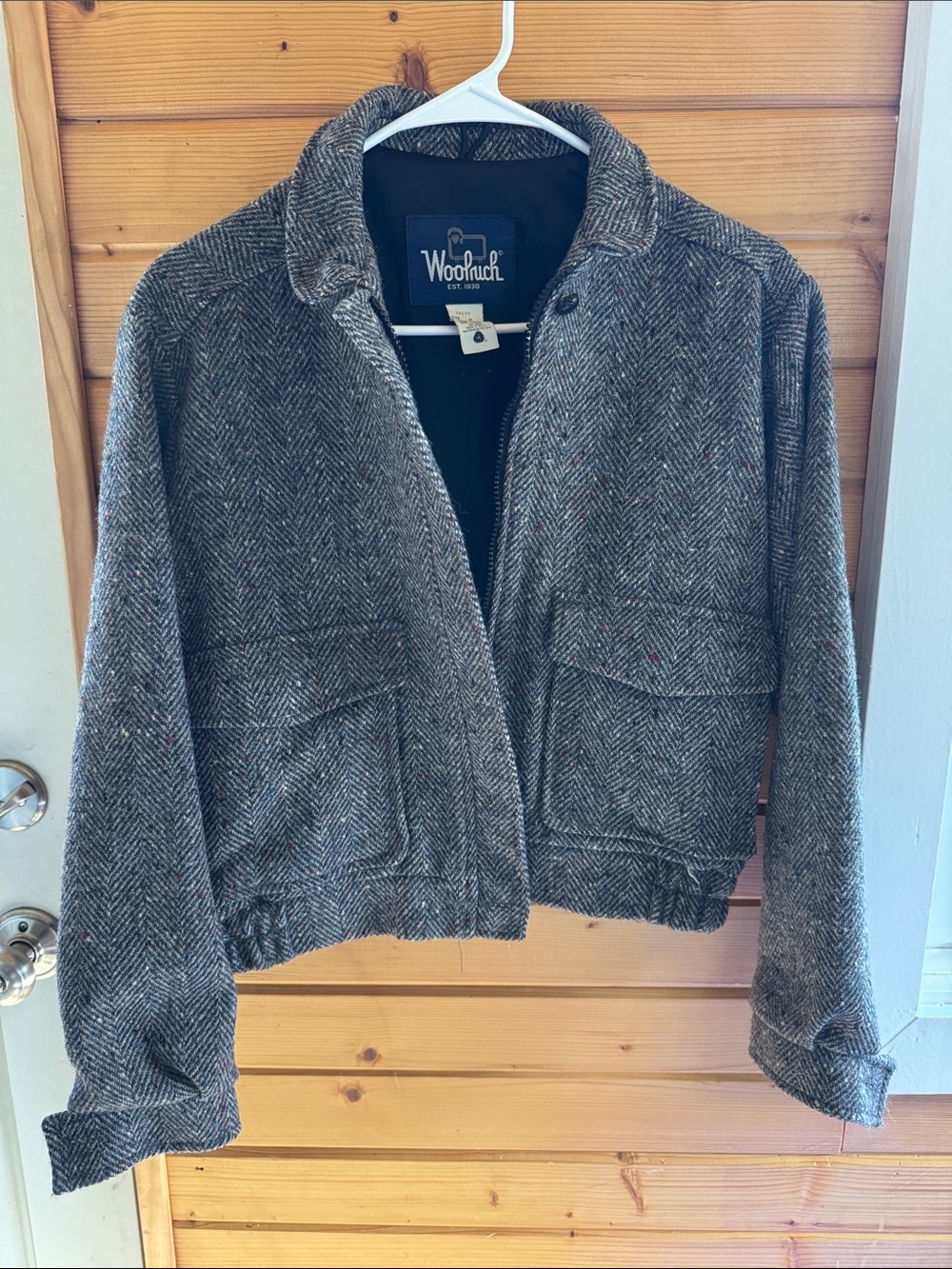 Woolrich Women's Gray Herringbone Cropped Wool Jacket